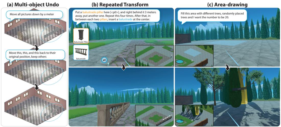 Explorative interactions: asynchronous multi-object undo, repeated transform, and area-drawing