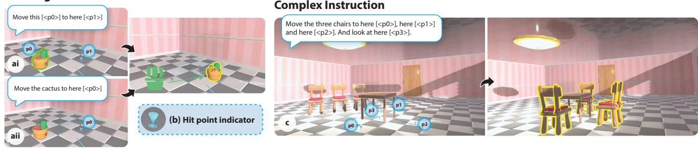Pointing interaction: moving a cactus by pointing, and a complex multi-chair instruction